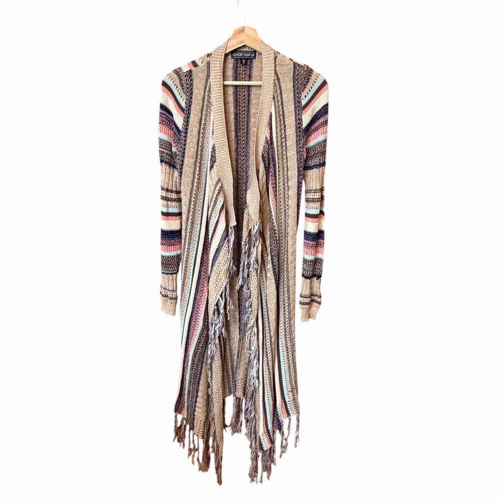 Almost Famous Women Boho Western Duster Cardigan Size S Hippie Fringe Open Front